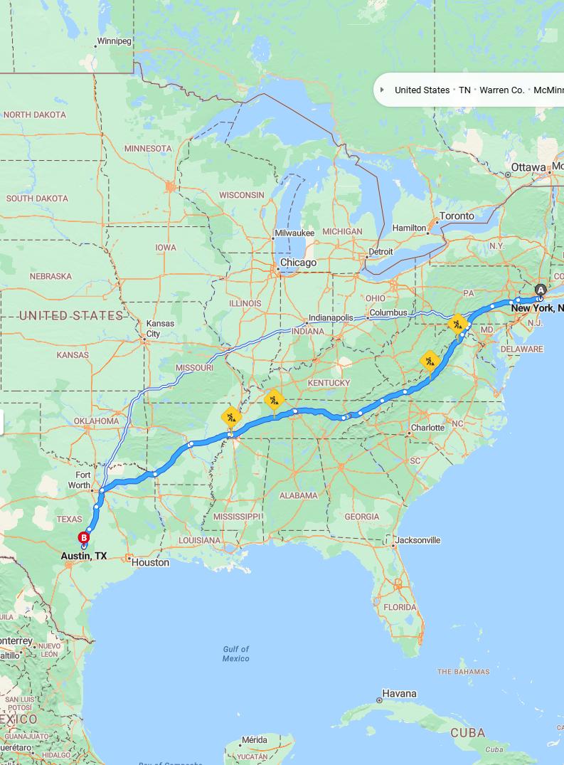 driving from New York City, New York to AustinTexas - map and route
