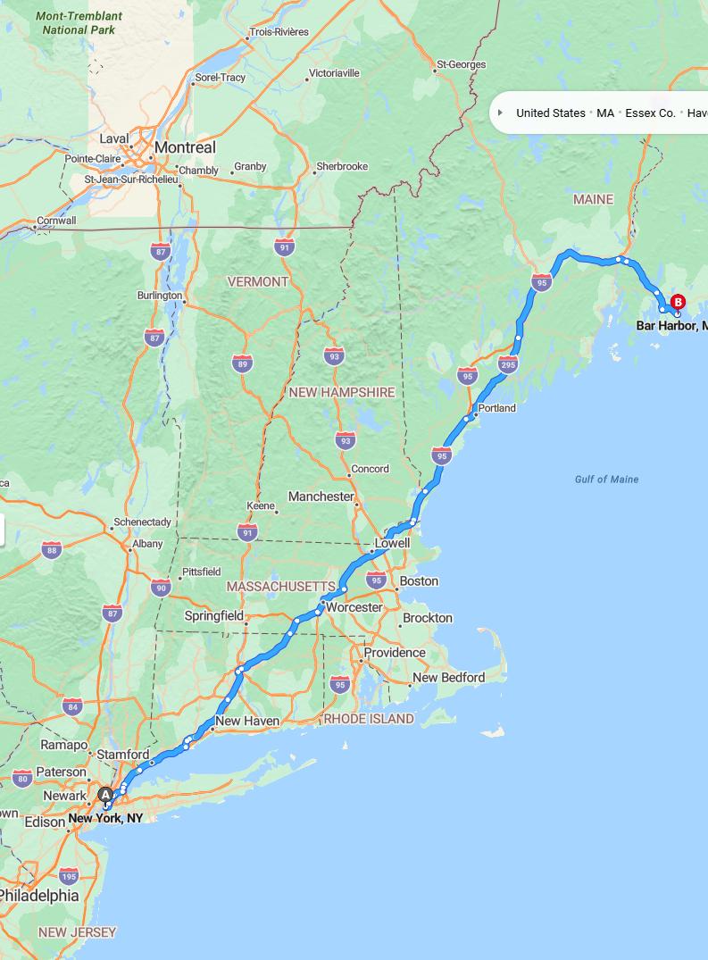 driving from New York City, New York to Bar HarborMaine - map and route