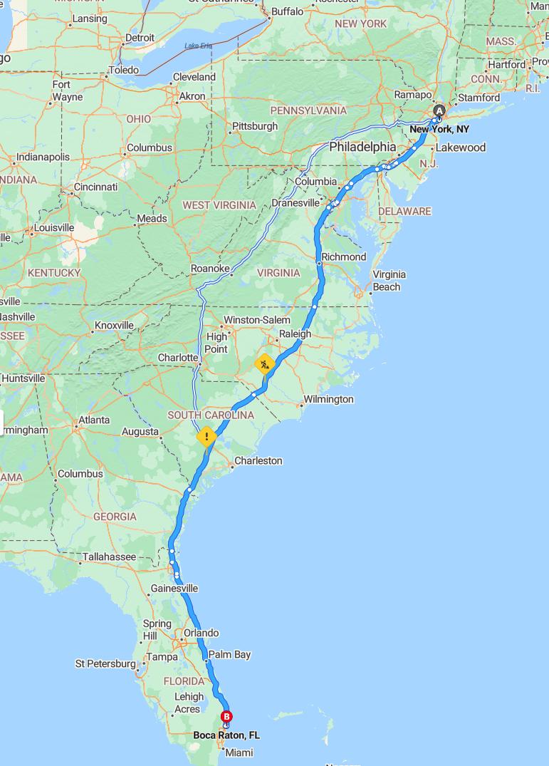 driving from New York City, New York to Boca RatonFlorida - map and route