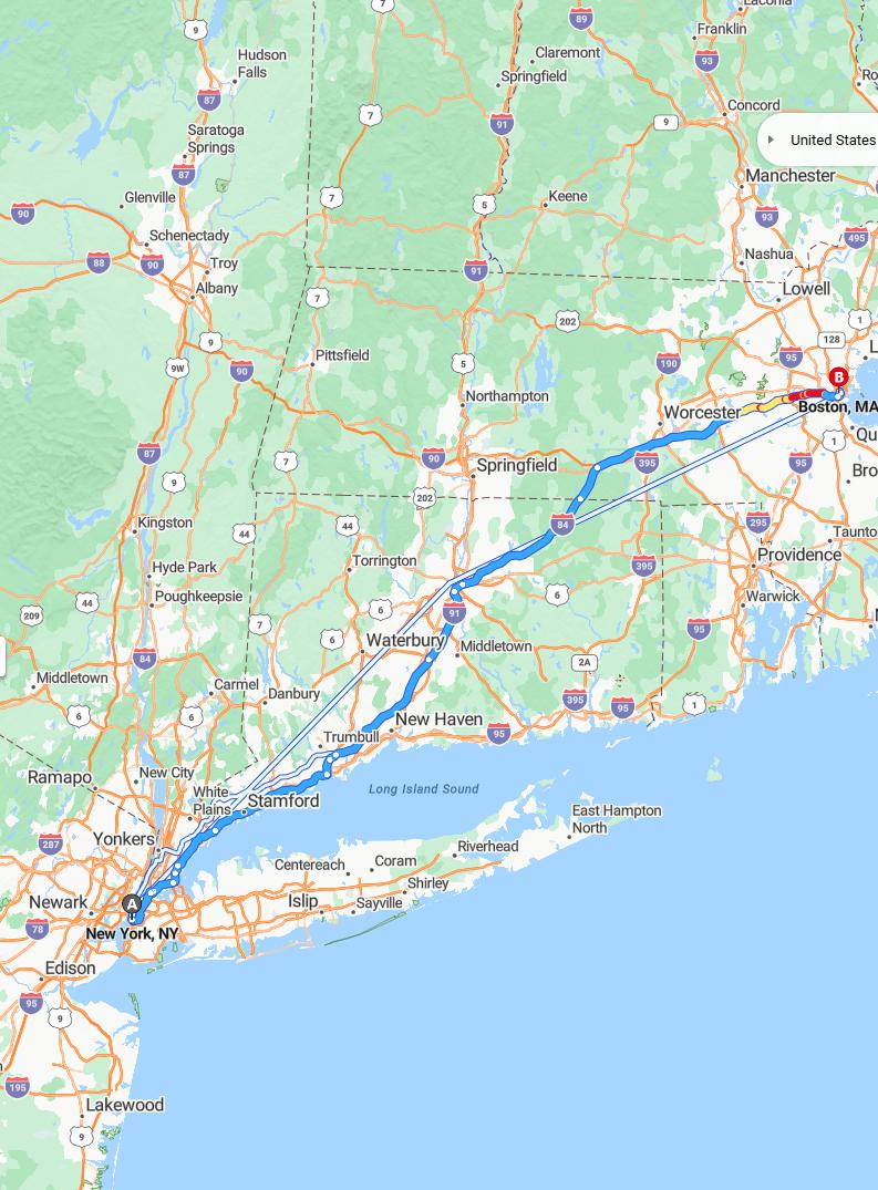driving from New York City, New York to BostonMassachusetts - map and route