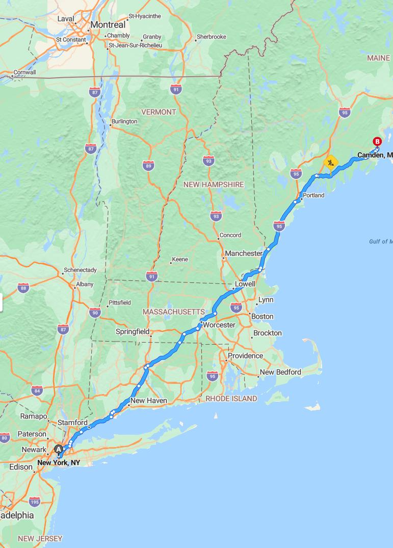 driving from New York City, New York to CamdenMaine - map and route