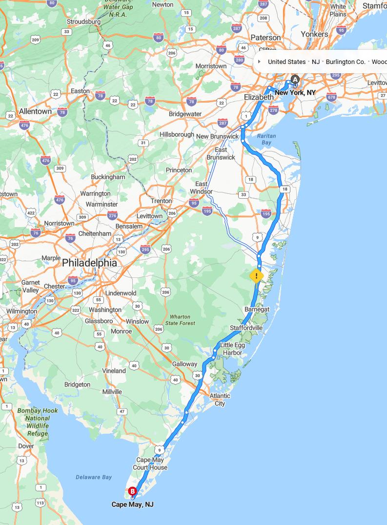 driving from New York City, New York to Cape MayNew Jersey - map and route