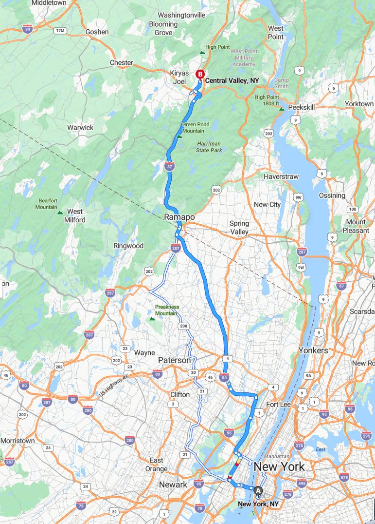 driving from New York City, New York to Central ValleyNew York - map and route