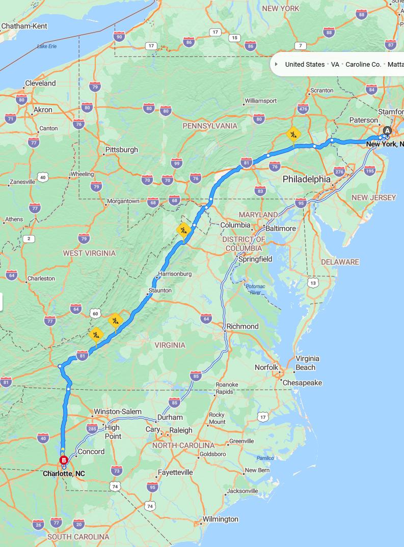 driving from New York City, New York to CharlotteNorth Carolina - map and route