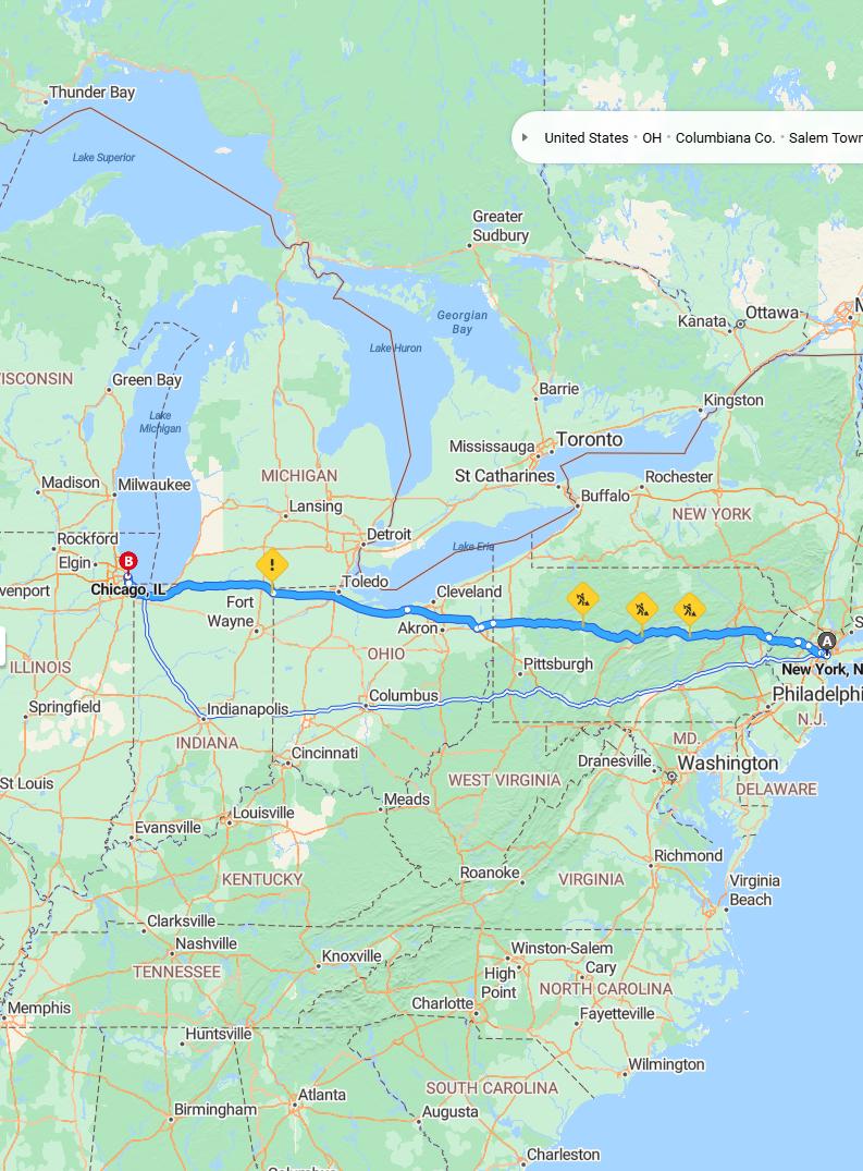 driving from New York City, New York to ChicagoIllinois - map and route