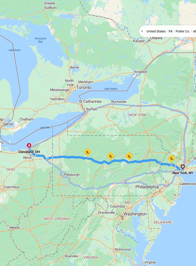 driving from New York City, New York to ClevelandOhio - map and route