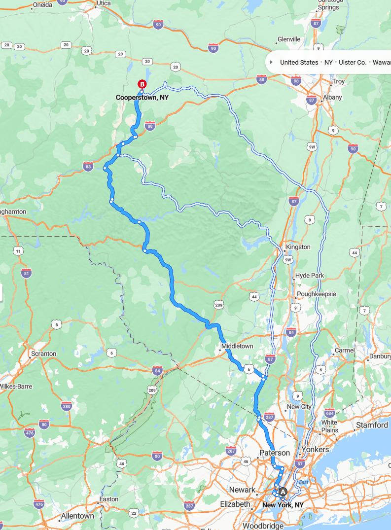 driving from New York City, New York to CooperstownNew York - map and route