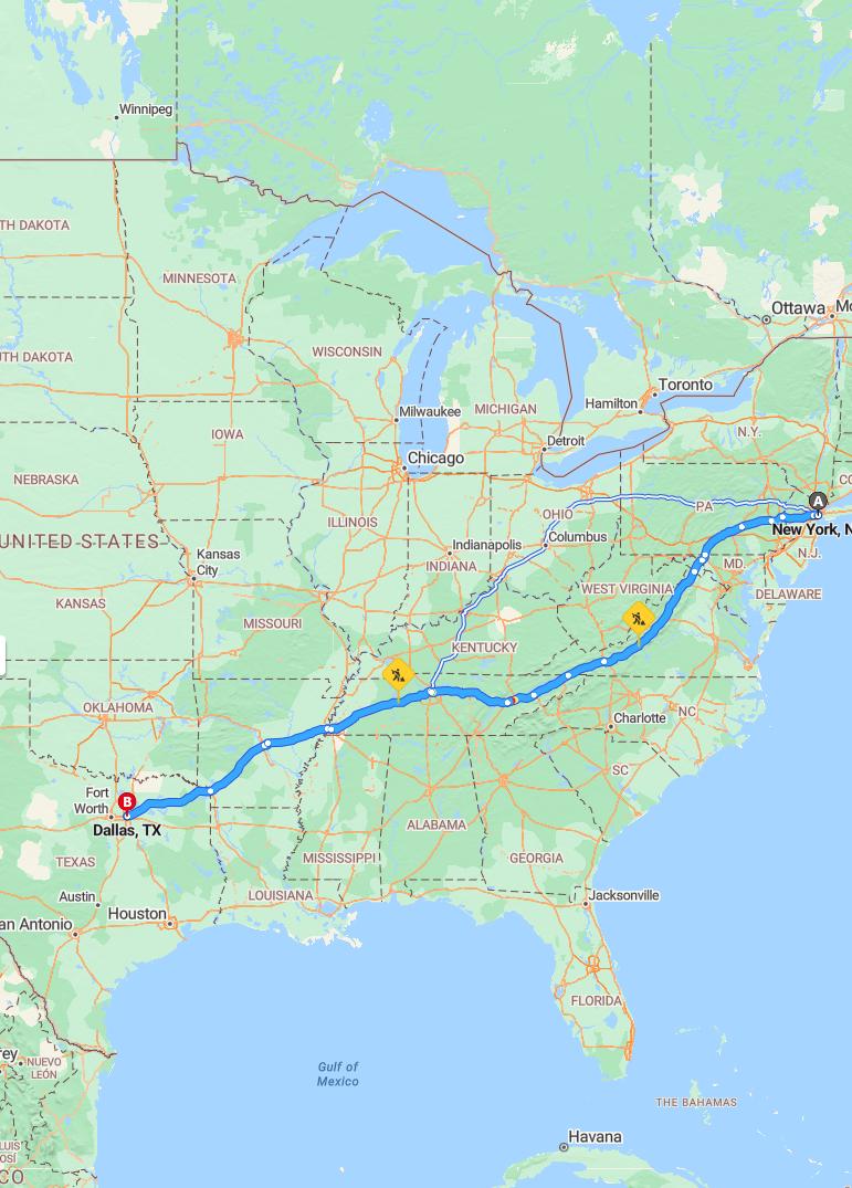 driving from New York City, New York to DallasTexas - map and route