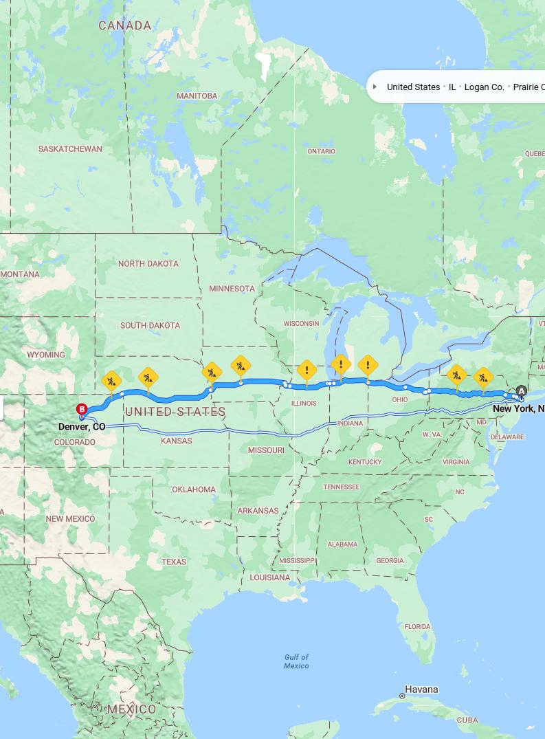 driving from New York City, New York to DenverColorado - map and route