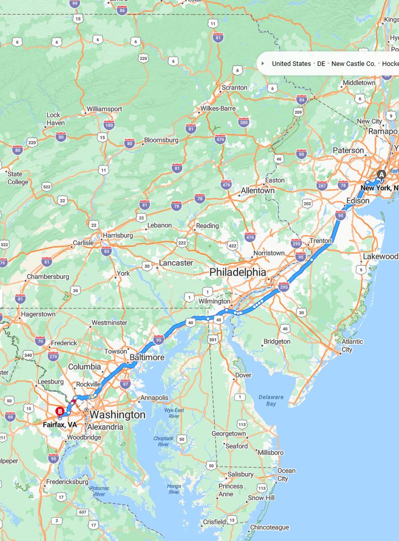 driving from New York City, New York to FairfaxVirginia - map and route