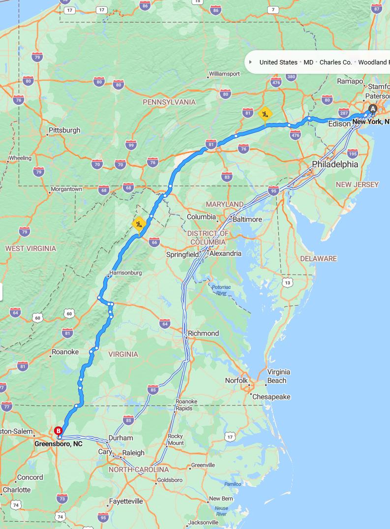 driving from New York City, New York to GreensboroNorth Carolina - map and route