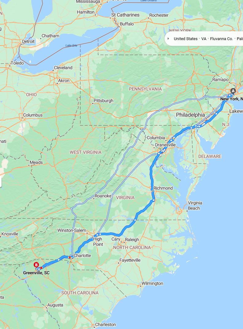 driving from New York City, New York to GreenvilleSouth Carolina - map and route