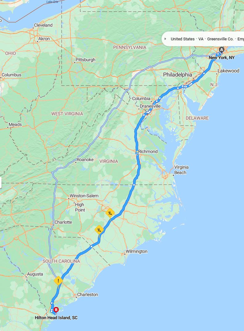 driving from New York City, New York to Hilton HeadSouth Carolina - map and route