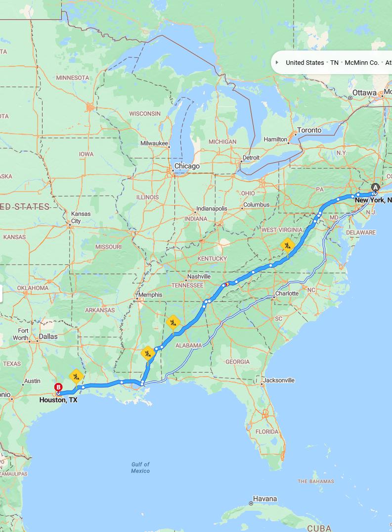 driving from New York City, New York to HoustonTexas - map and route