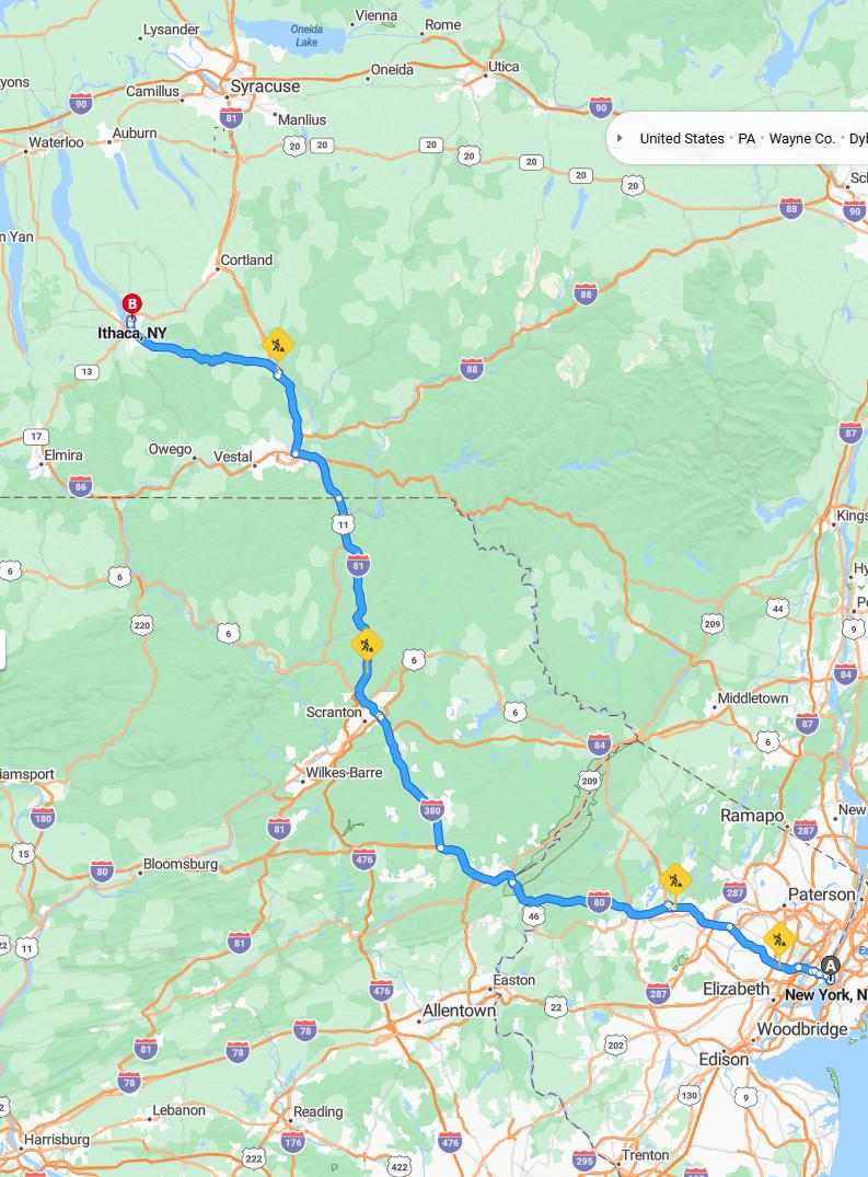driving from New York City, New York to IthacaNew York - map and route