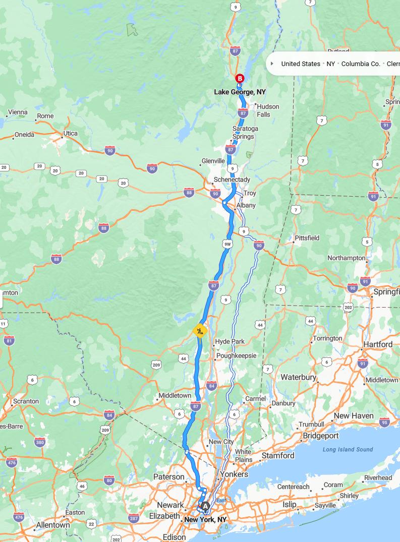 driving from New York City, New York to Lake GeorgeNew York - map and route