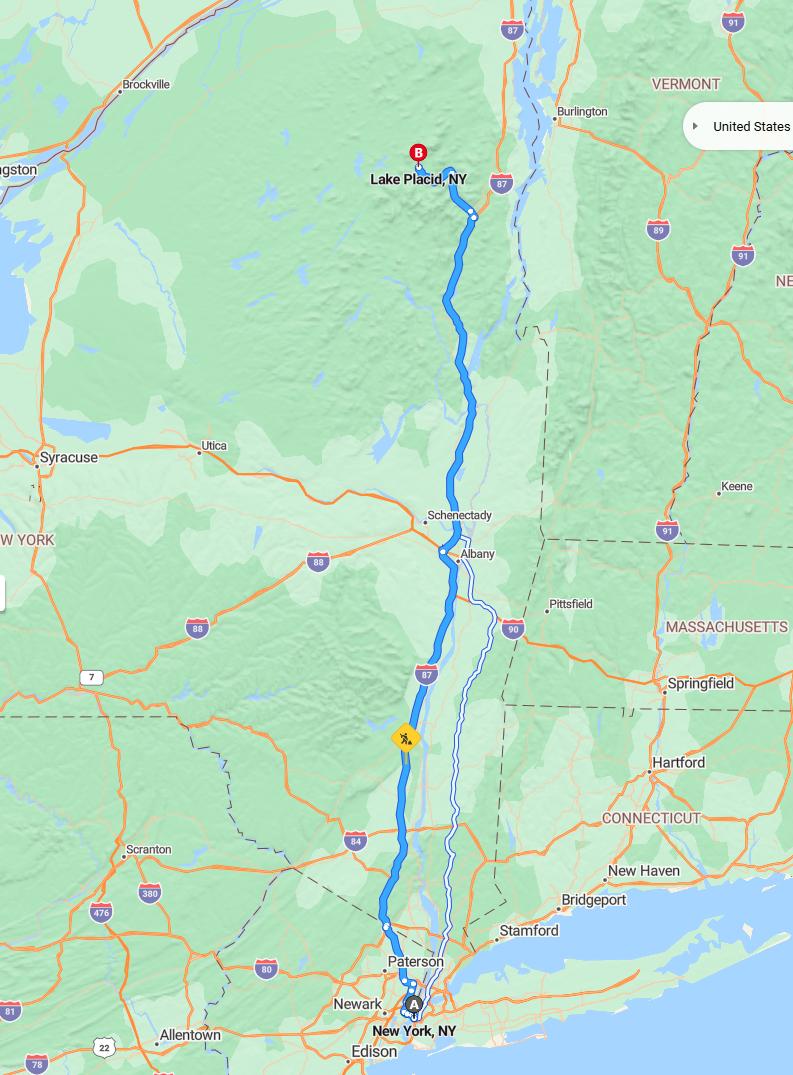 driving from New York City, New York to Lake PlacidNew York - map and route