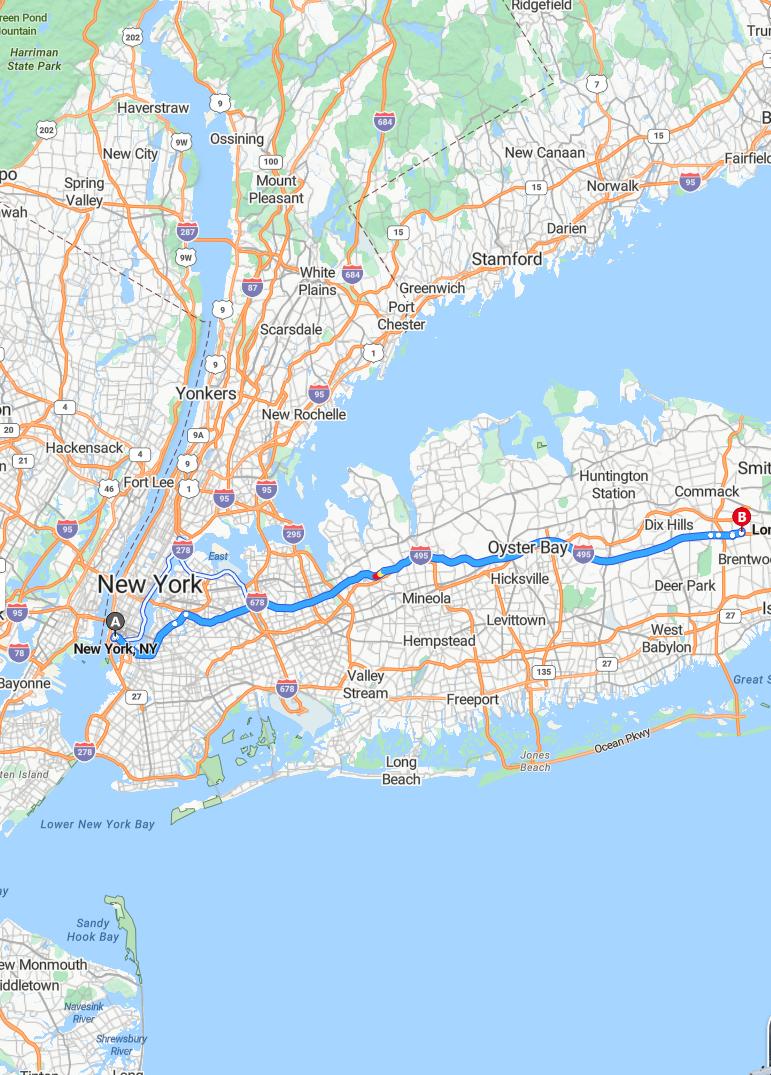 driving from New York City, New York to Long IslandNew York - map and route