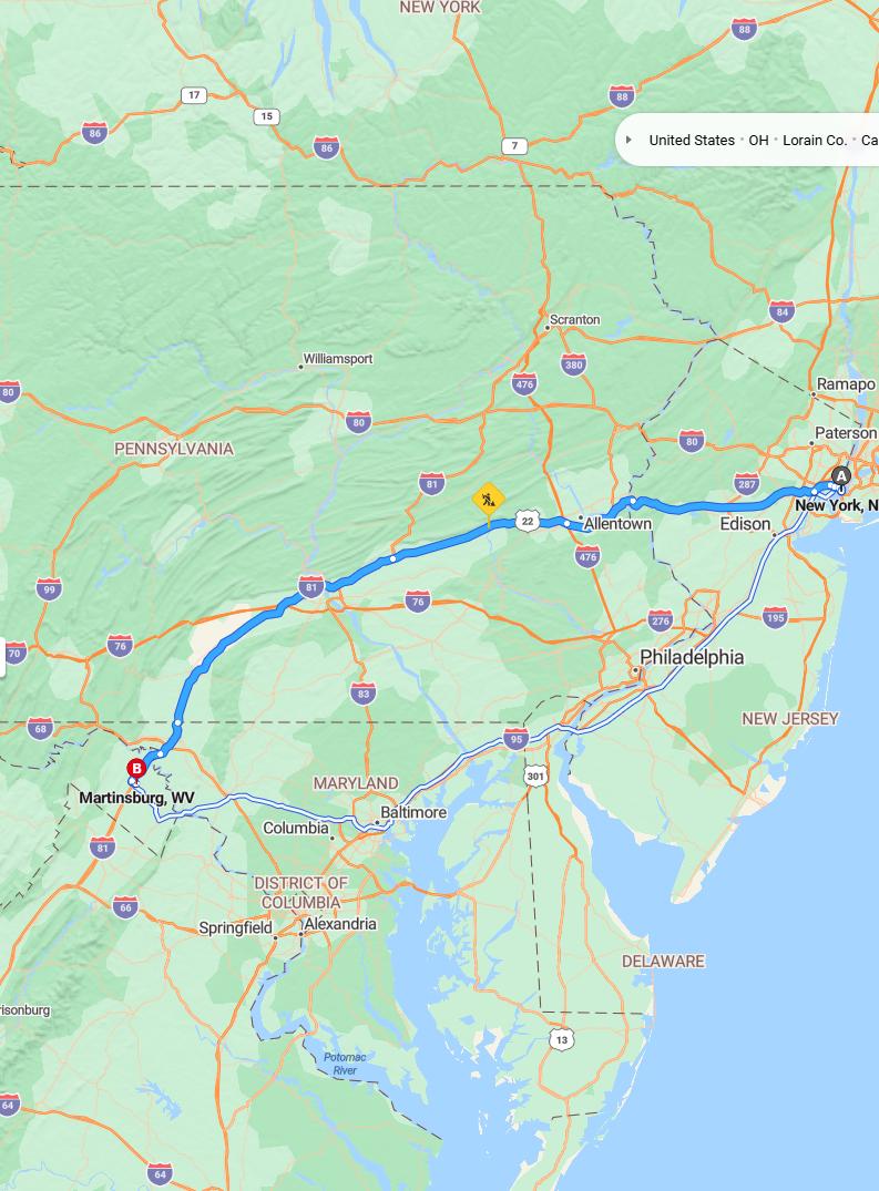 driving from New York City, New York to MartinsburgWest Virginia - map and route