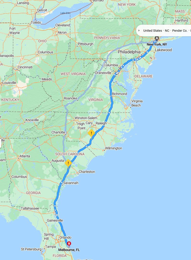 driving from New York City, New York to MelbourneFlorida - map and route