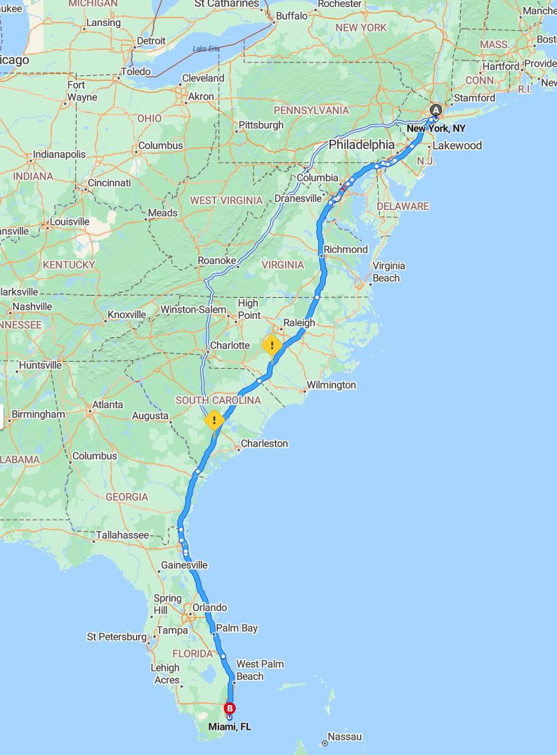 driving from New York City, New York to MiamiFlorida - map and route