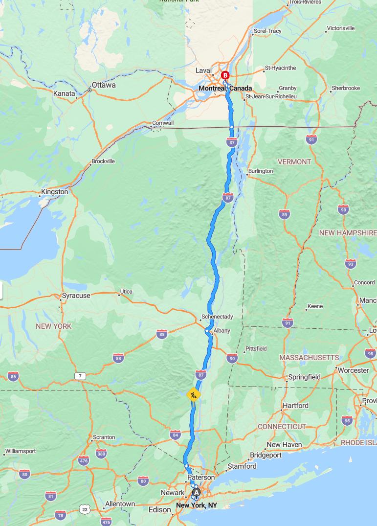 driving from New York City, New York to MontrealQuebec - map and route