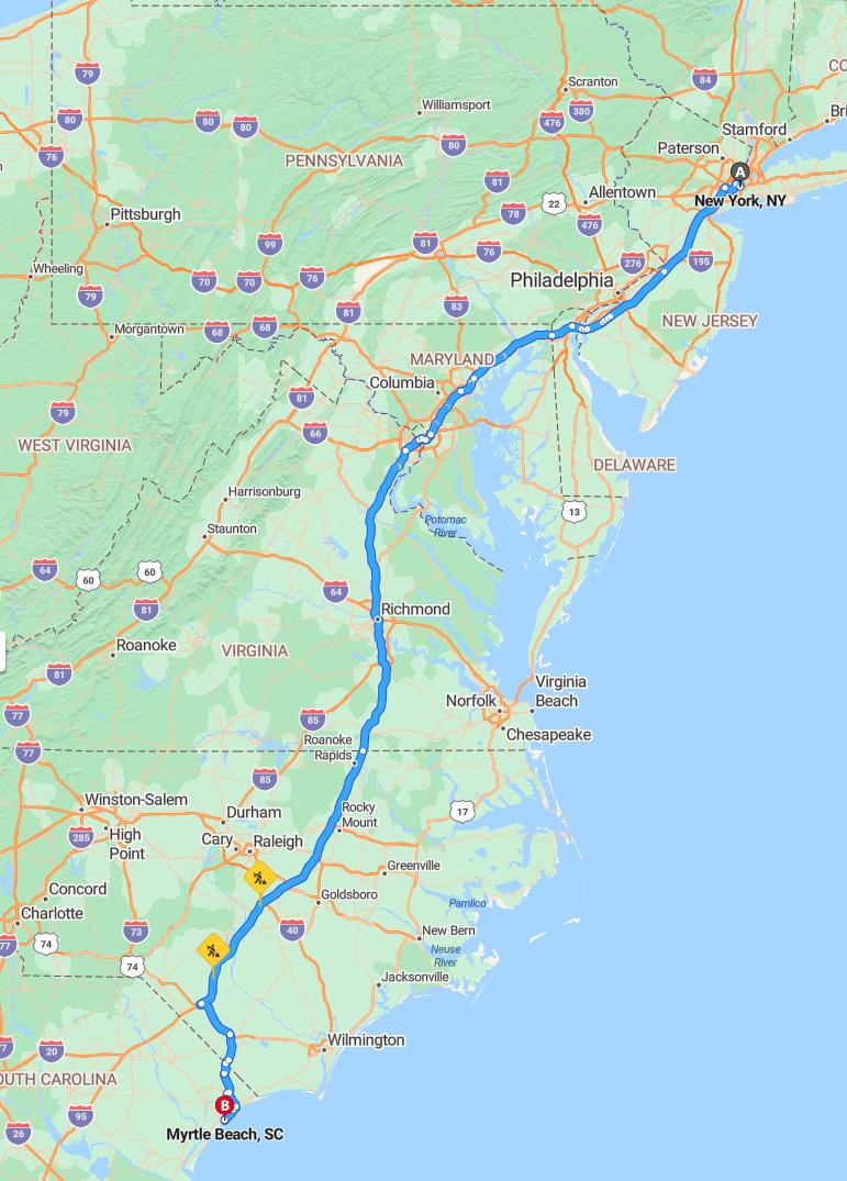 driving from New York City, New York to Myrtle BeachSouth Carolina - map and route