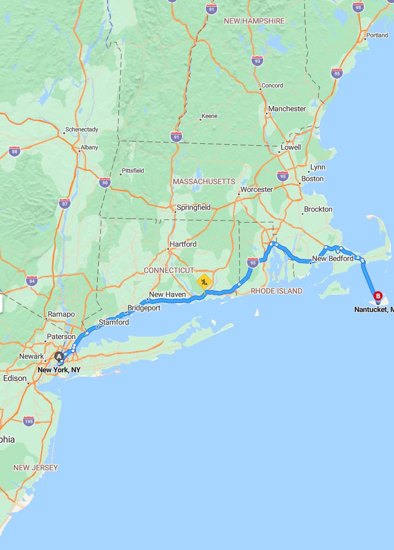 driving from New York City, New York to NantucketMassachusetts - map and route