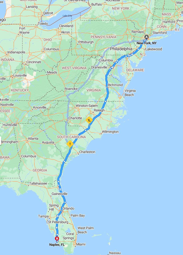 driving from New York City, New York to NaplesFlorida - map and route