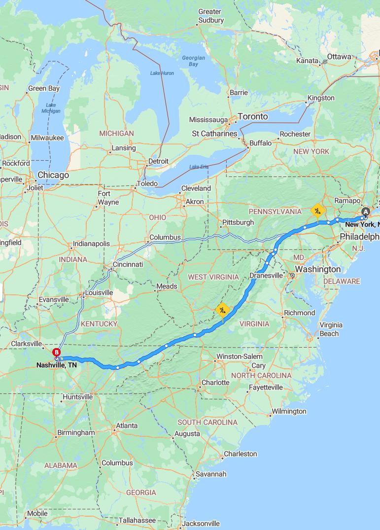 driving from New York City, New York to NashvilleTennessee - map and route