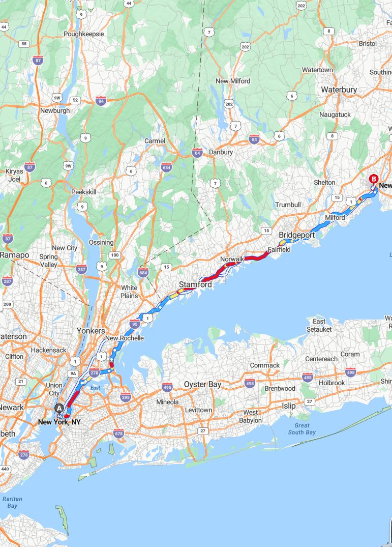 driving from New York City, New York to New HavenConnecticut - map and route