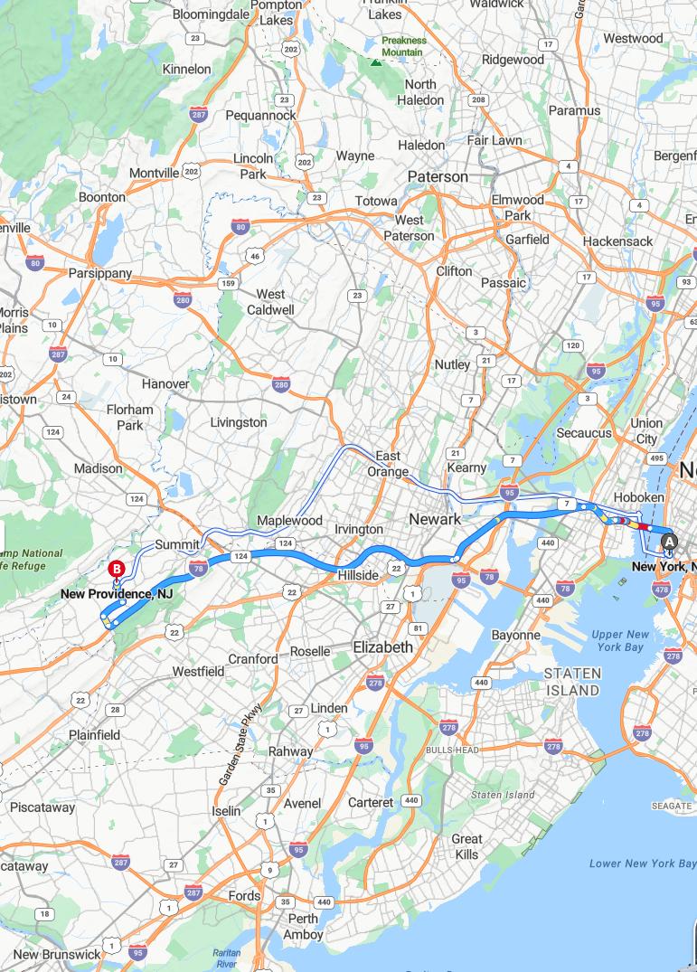 driving from New York City, New York to New ProvidenceNew Jersey - map and route