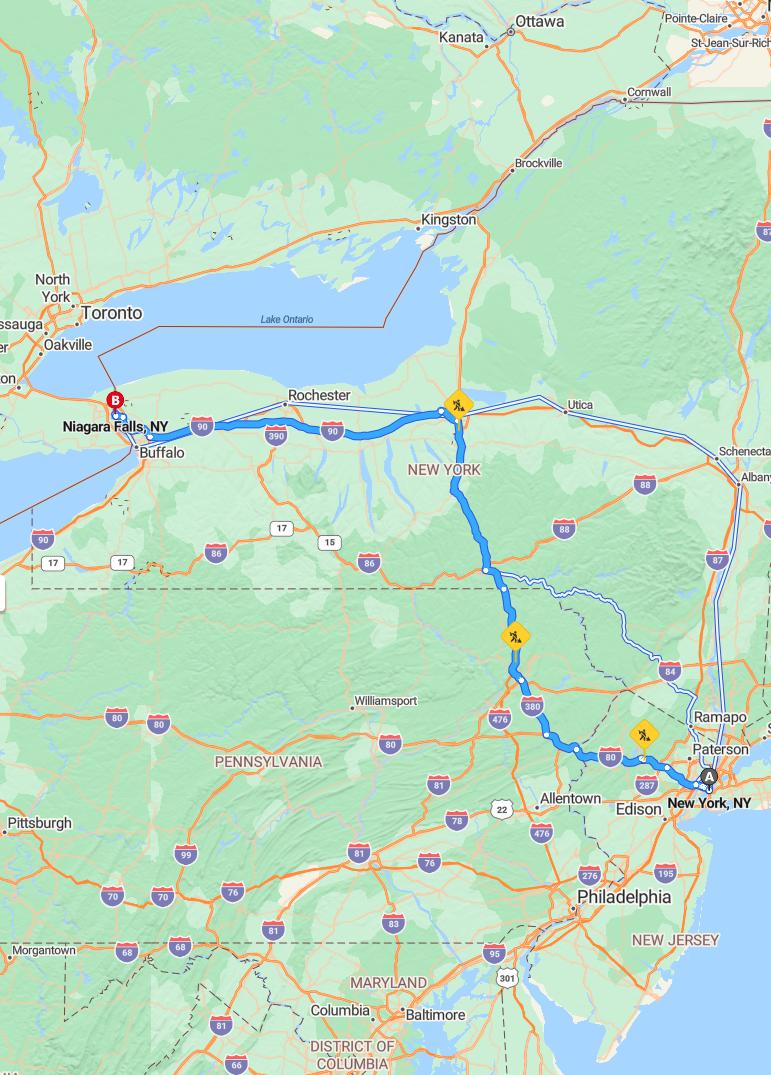 driving from New York City, New York to Niagara FallsNew York - map and route