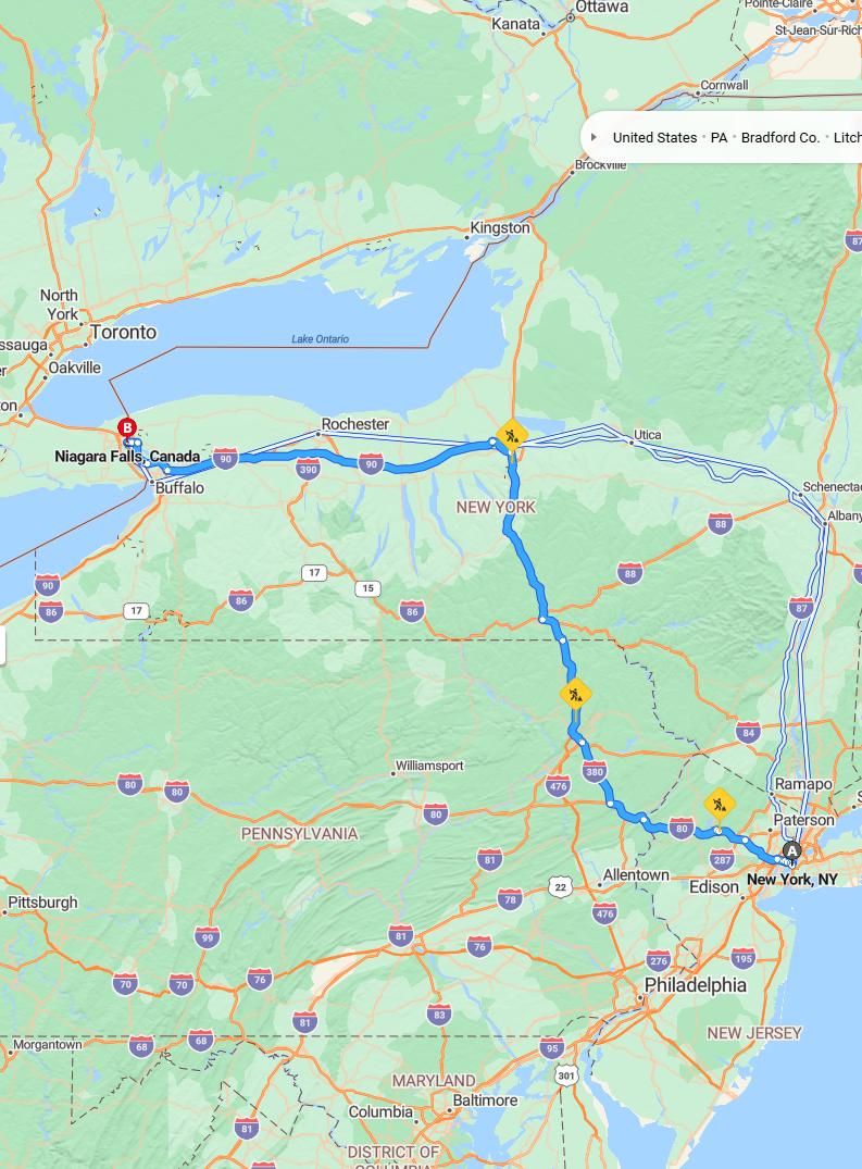 driving from New York City, New York to Niagara FallsOntario - map and route
