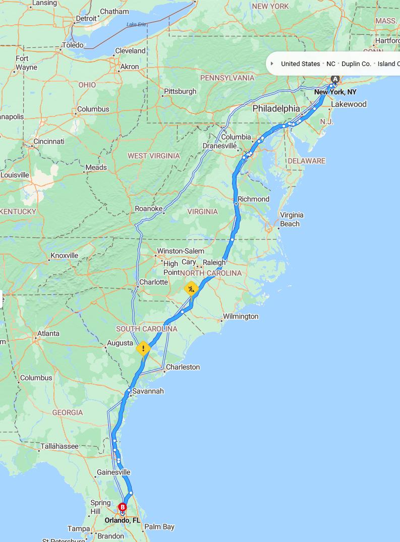 driving from New York City, New York to OrlandoFlorida - map and route