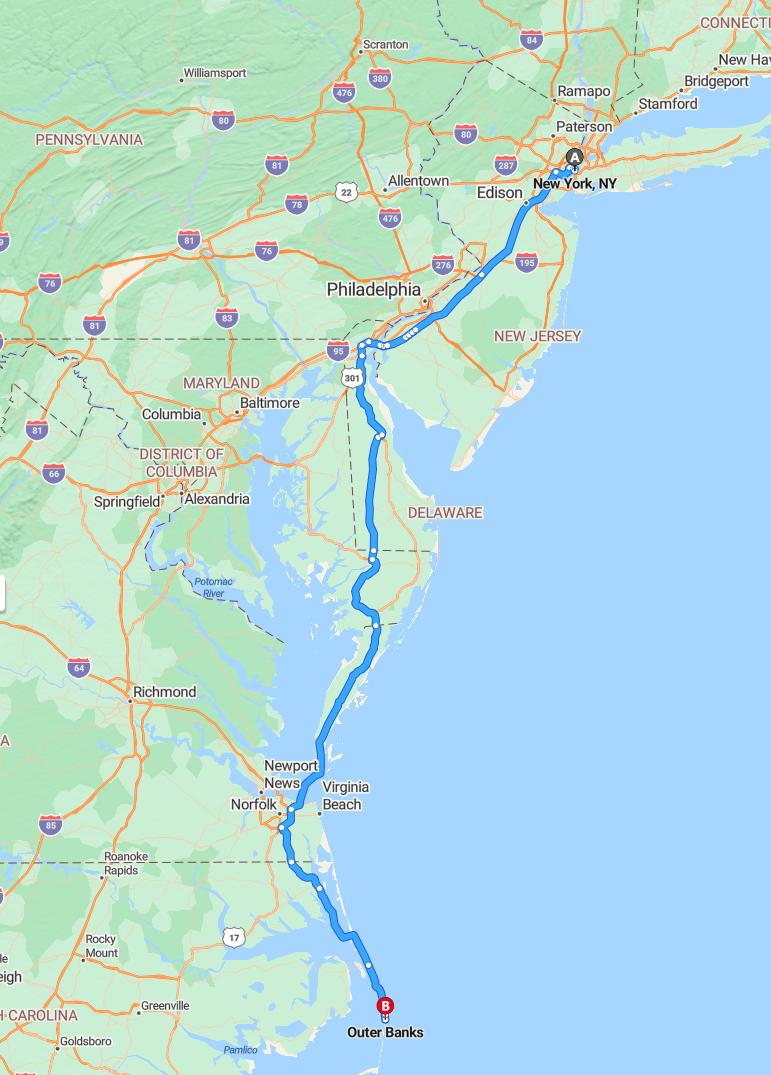driving from New York City, New York to Outer BanksNorth Carolina - map and route