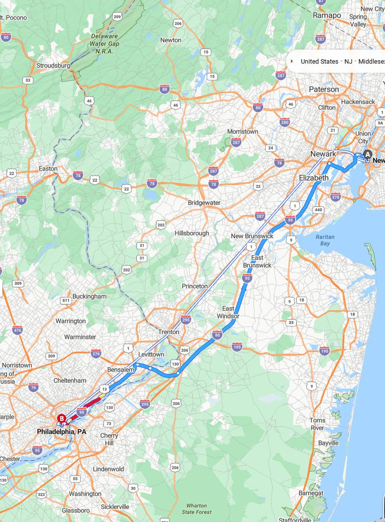 driving from New York City, New York to PhiladelphiaPennsylvania - map and route