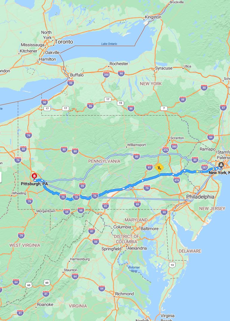driving from New York City, New York to PittsburghPennsylvania - map and route