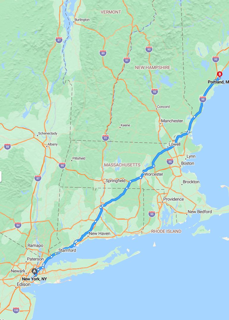 driving from New York City, New York to PortlandMaine - map and route