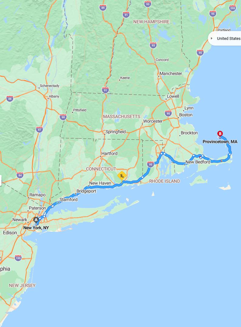 driving from New York City, New York to ProvincetownMassachusetts - map and route