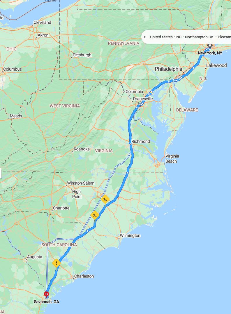 driving from New York City, New York to SavannahGeorgia - map and route