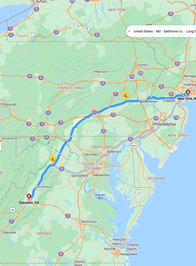 driving from New York City, New York to StauntonVirginia - map and route