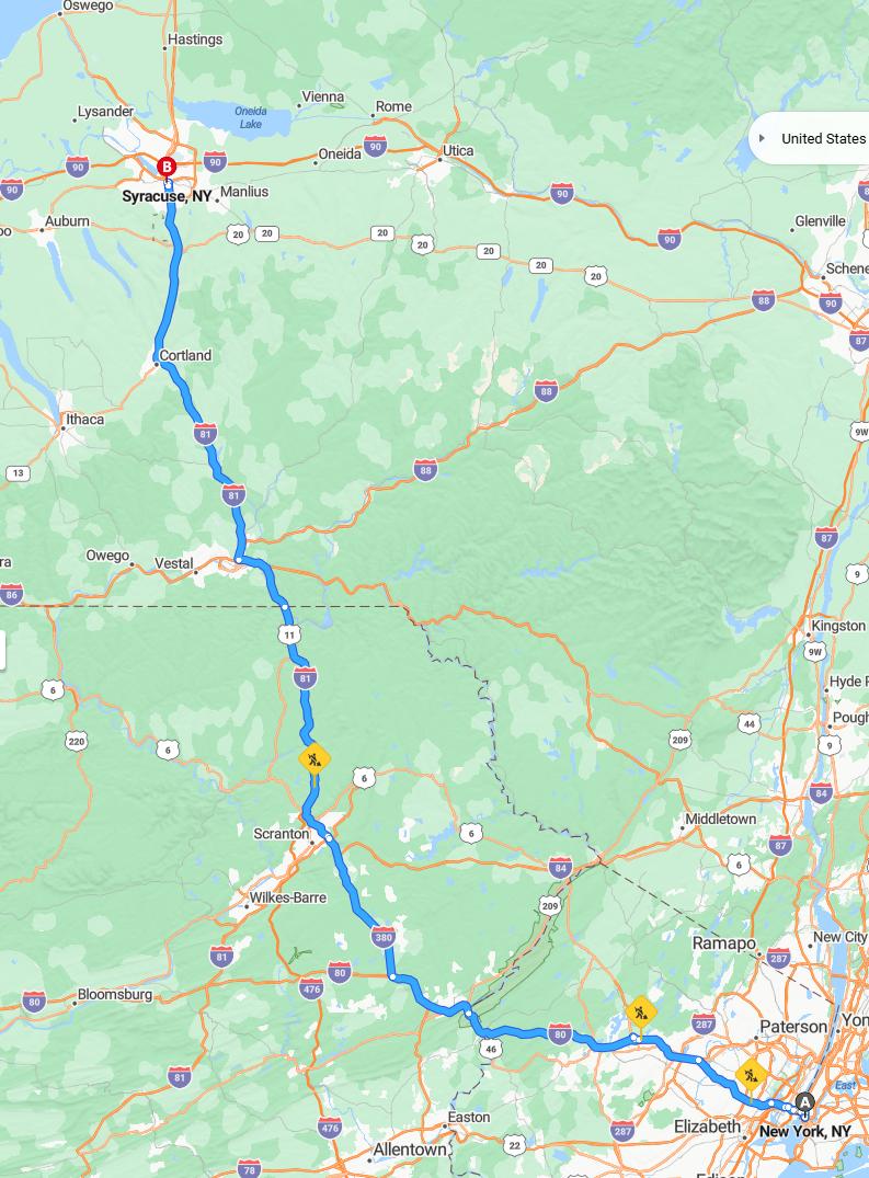 driving from New York City, New York to SyracuseNew York - map and route