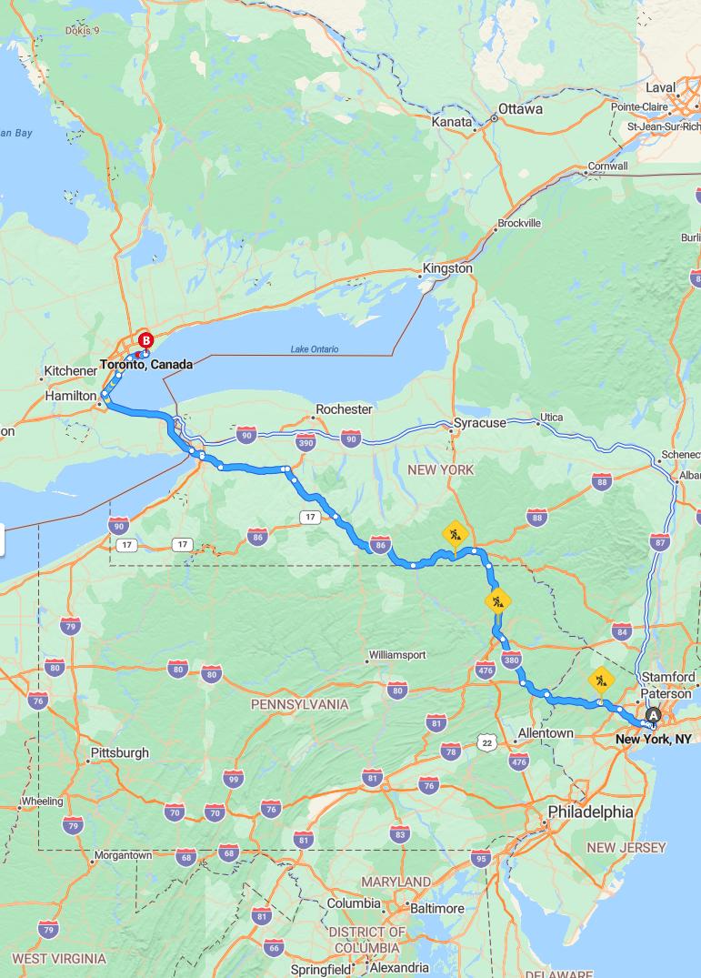 driving from New York City, New York to TorontoOntario - map and route