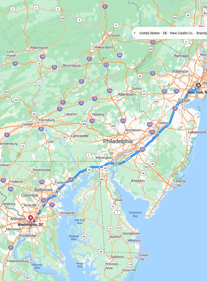 driving from New York City, New York to WashingtonDistrict of Columbia - map and route