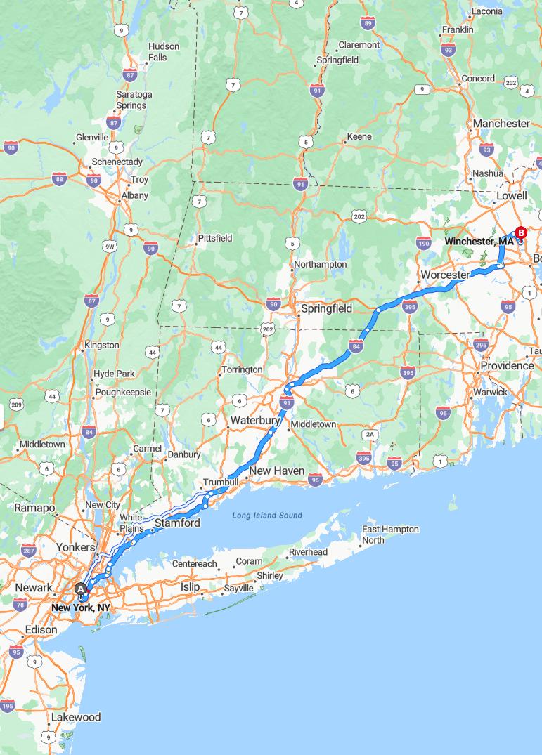 driving from New York City, New York to WinchesterMassachusetts - map and route