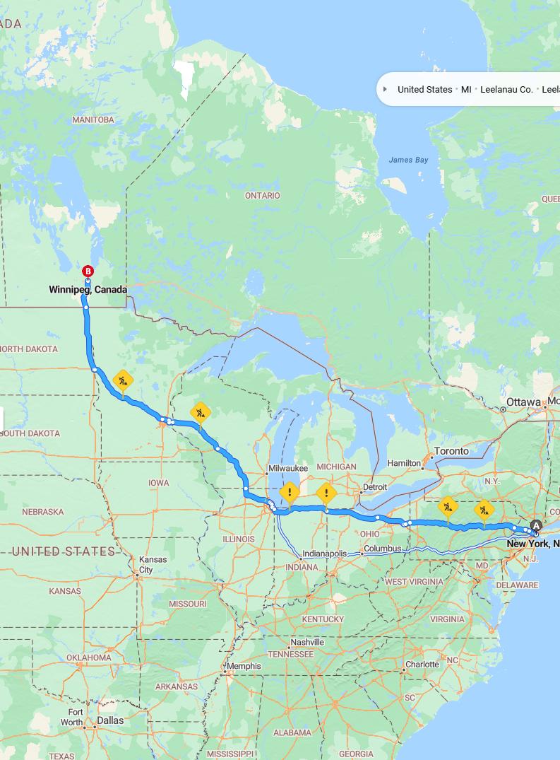 driving from New York City, New York to WinnipegManitoba - map and route