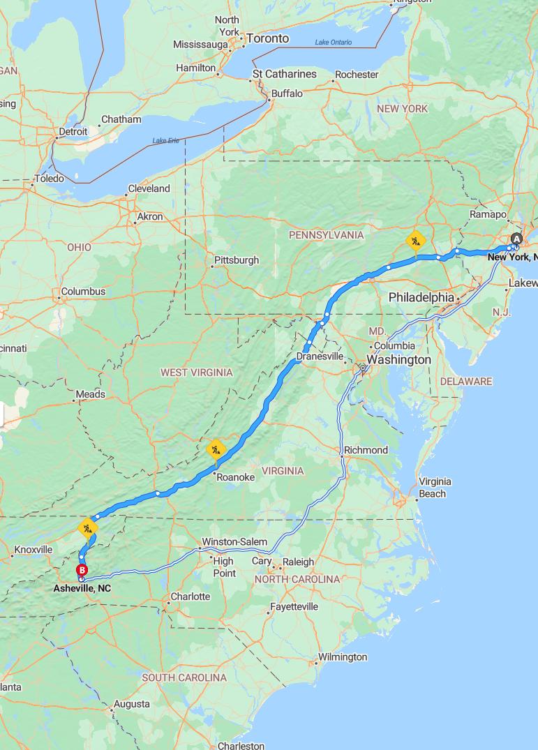 driving from New York, New York to AshevilleNorth Carolina - map and route