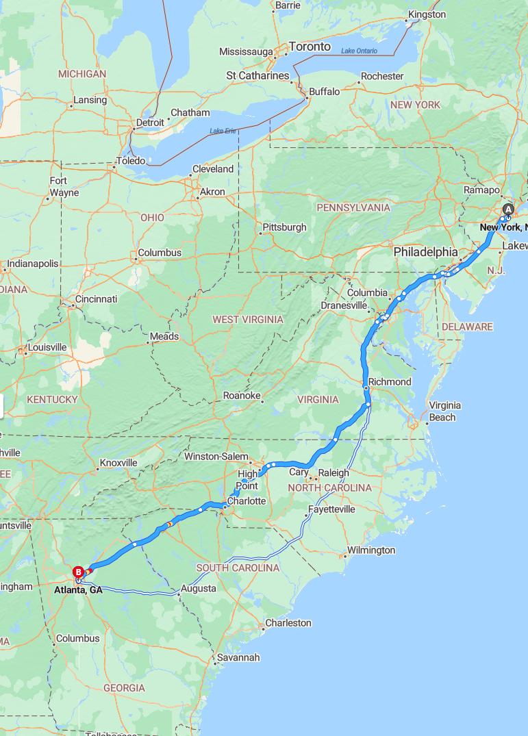 driving from New York, New York to AtlantaGeorgia - map and route