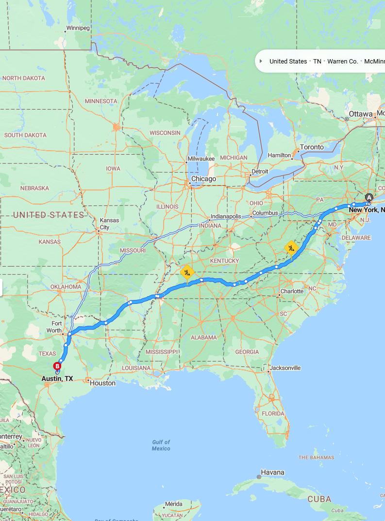 driving from New York, New York to AustinTexas - map and route